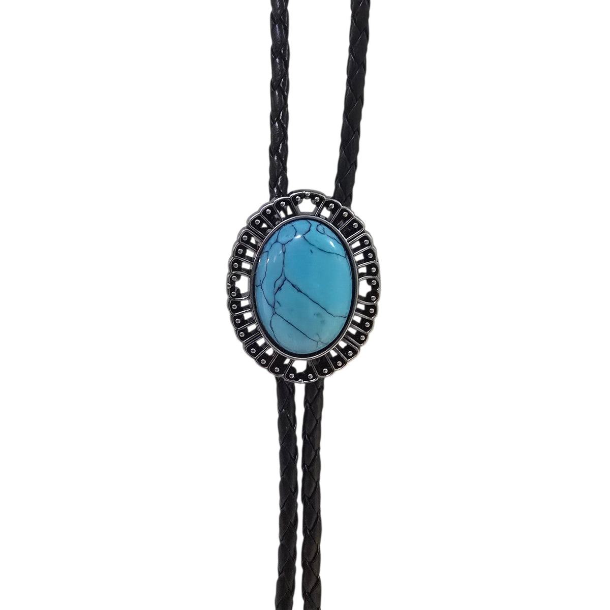 Western Bolo Tie (0083) - Silver w/ Faux Turquoise Stone