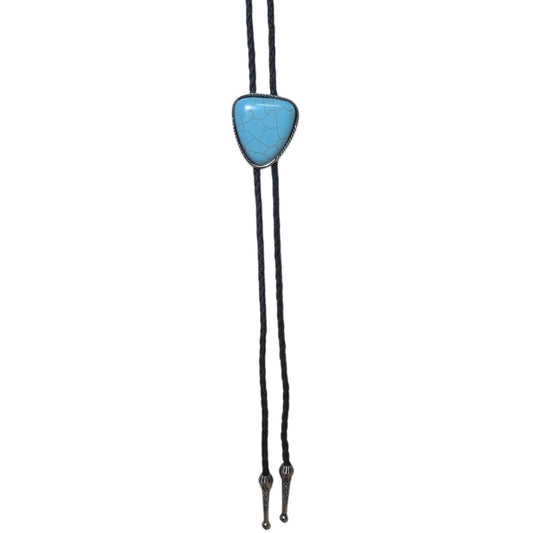 Western Bolo Tie (0081) - Silver w/ Faux Turquoise Stone