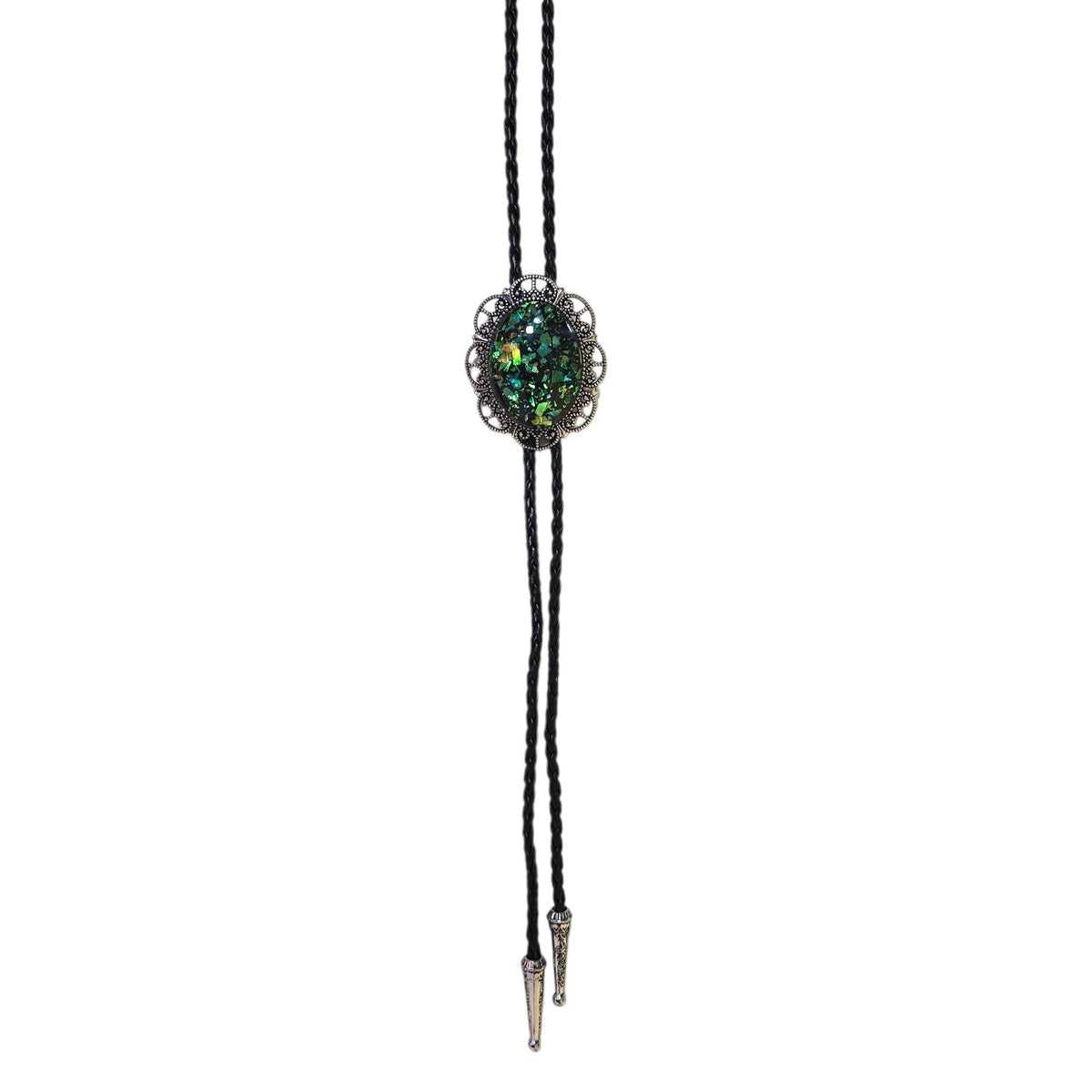 Western Bolo Tie (0089) - Silver w/ Glitter Burst Stone