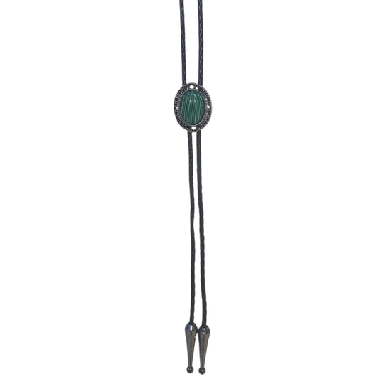 Western Bolo Tie (0090)  - Dark Silver w/ Green Stone