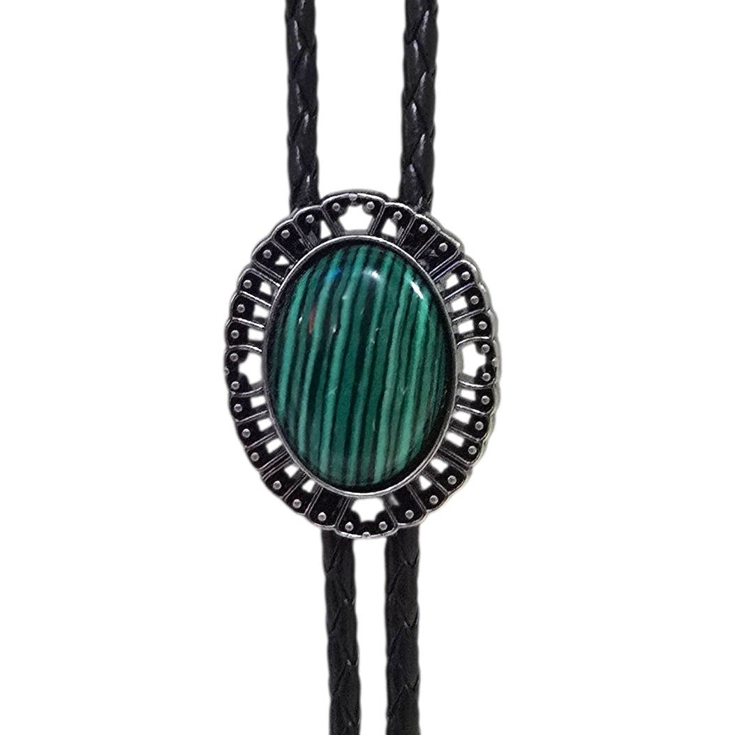 Western Bolo Tie (0090)  - Dark Silver w/ Green Stone