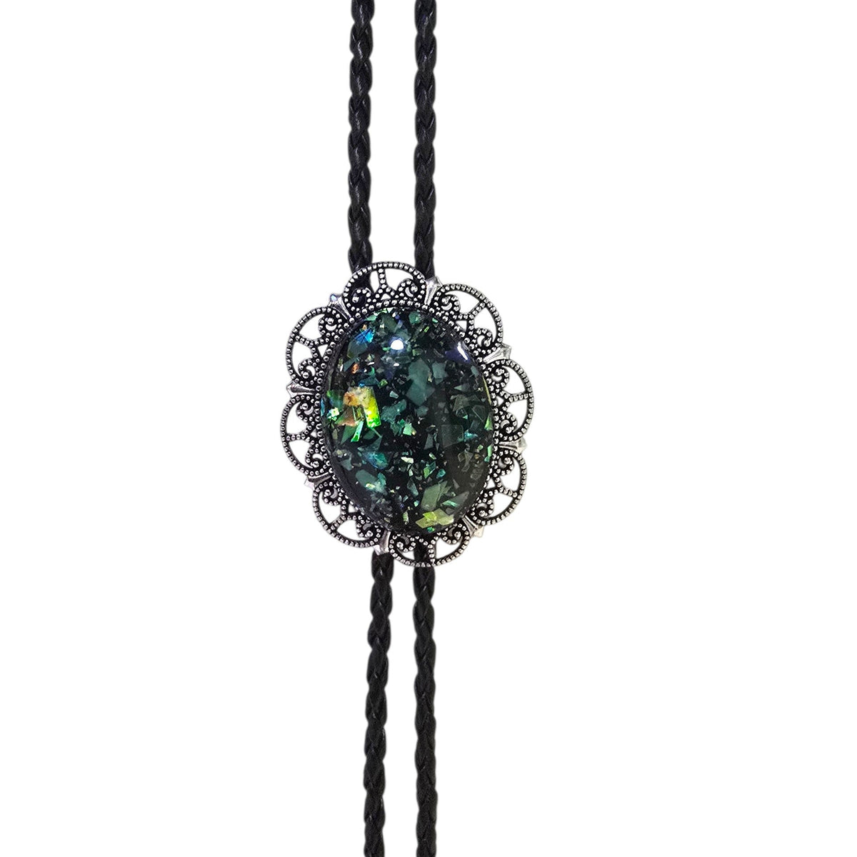 Western Bolo Tie (0089) - Silver w/ Glitter Burst Stone