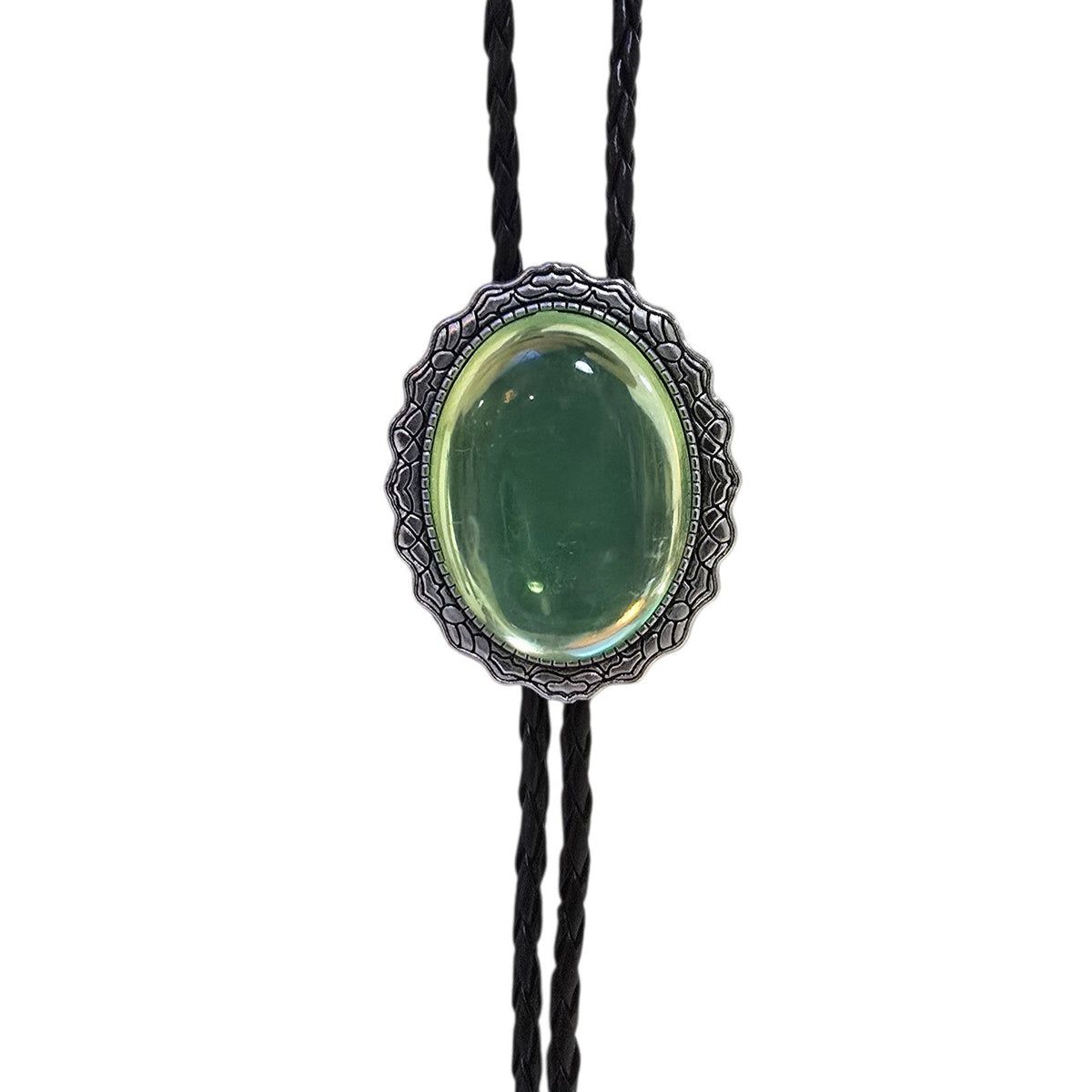 Western Bolo Tie (0091) - Silver w/ Lime Green Stone