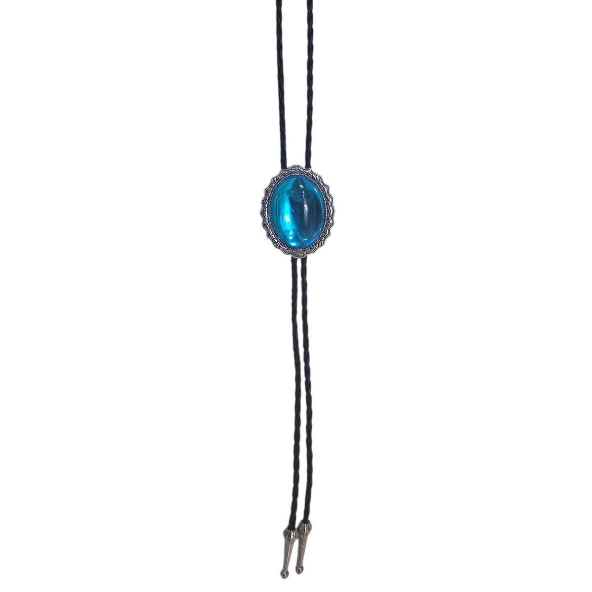 Western Bolo Tie (0092) - Silver w/ Blue Stone