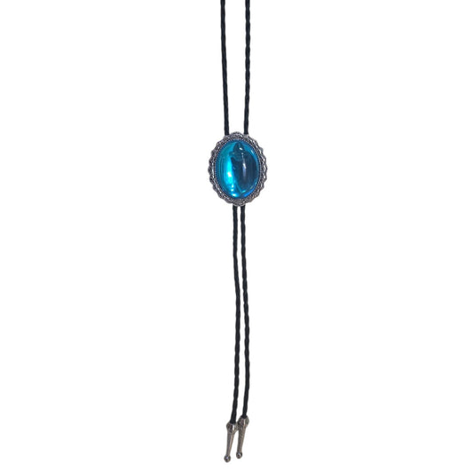Western Bolo Tie (0092) - Silver w/ Blue Stone