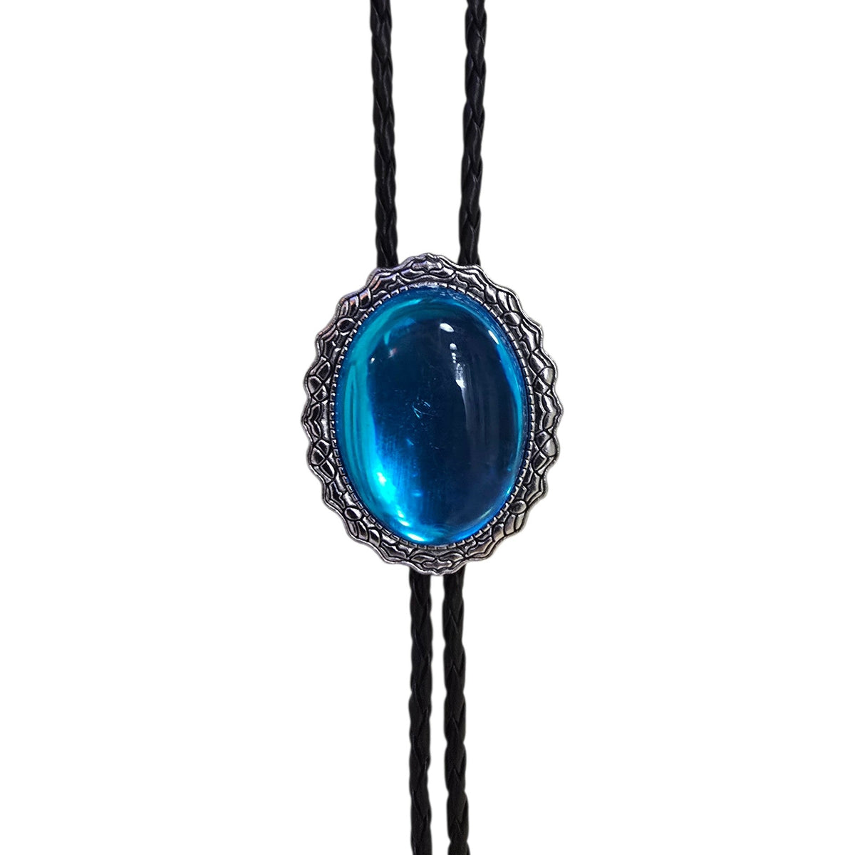 Western Bolo Tie (0092) - Silver w/ Blue Stone