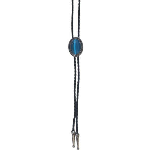 Western Bolo Tie (0093) - Silver Oval w/ Blue Stone