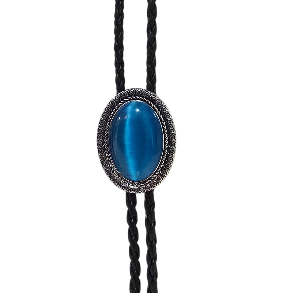 Western Bolo Tie (0093) - Silver Oval w/ Blue Stone
