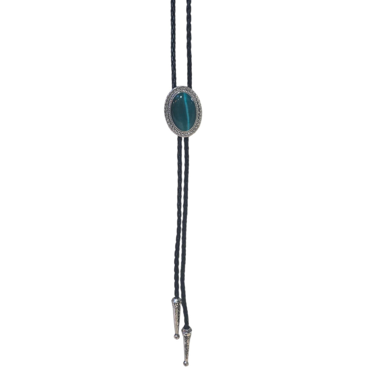 Western Bolo Tie (0094) - Silver Oval w/ Teal Green Stone