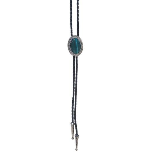 Western Bolo Tie (0094) - Silver Oval w/ Teal Green Stone