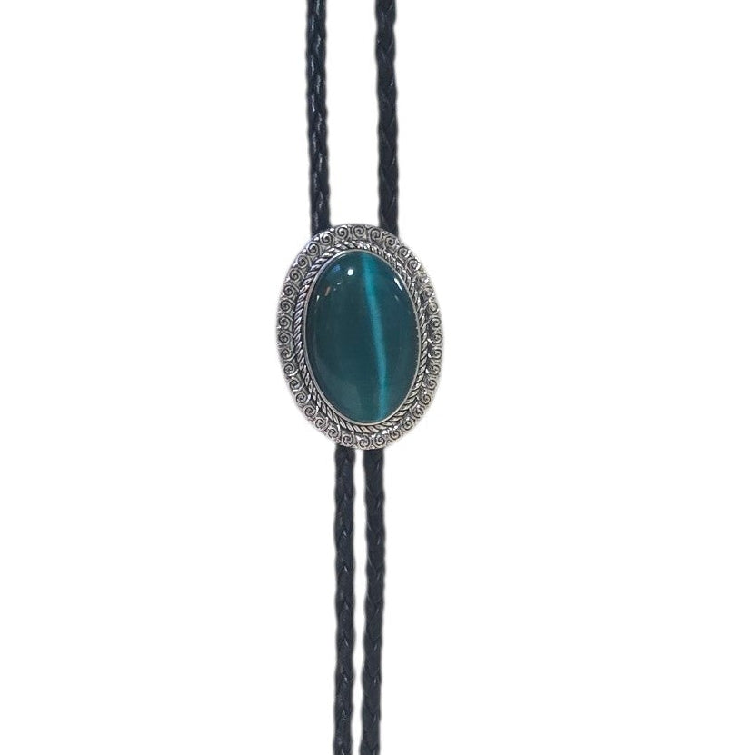 Western Bolo Tie (0094) - Silver Oval w/ Teal Green Stone