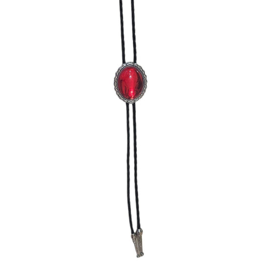 Western Bolo Tie (0096) - Silver w/ Red Stone