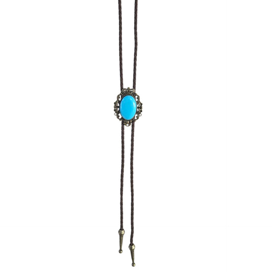 Western Bolo Tie (0088) - Bronze Vintage Design w/ Faux Turquoise Stone (Brown Leather Strap)