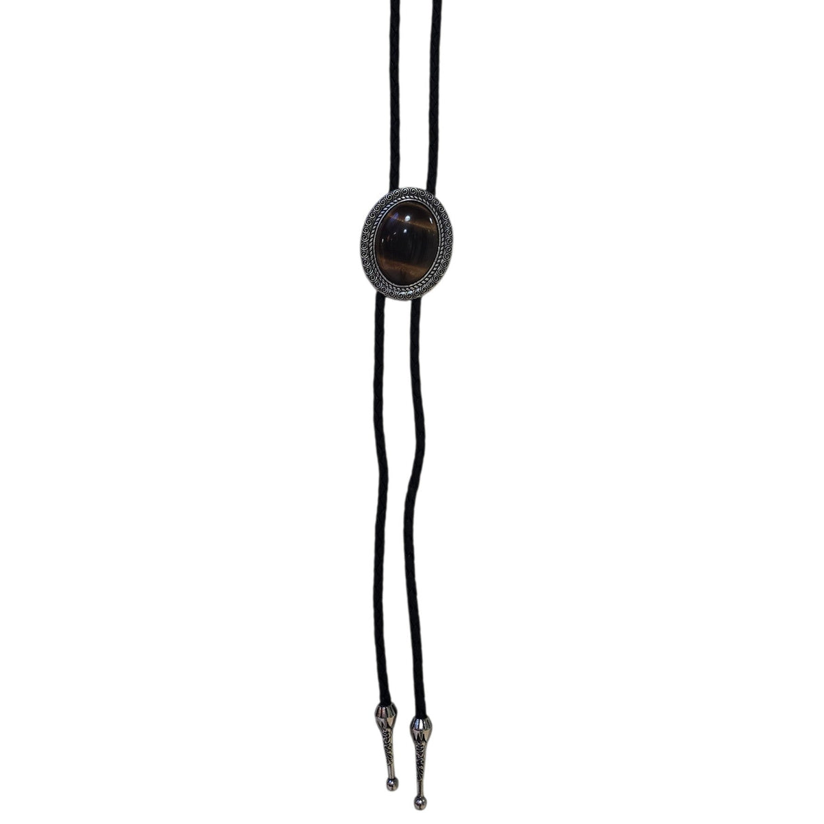 Western Bolo Tie (0099) - Silver Oval w/ Brown Stone