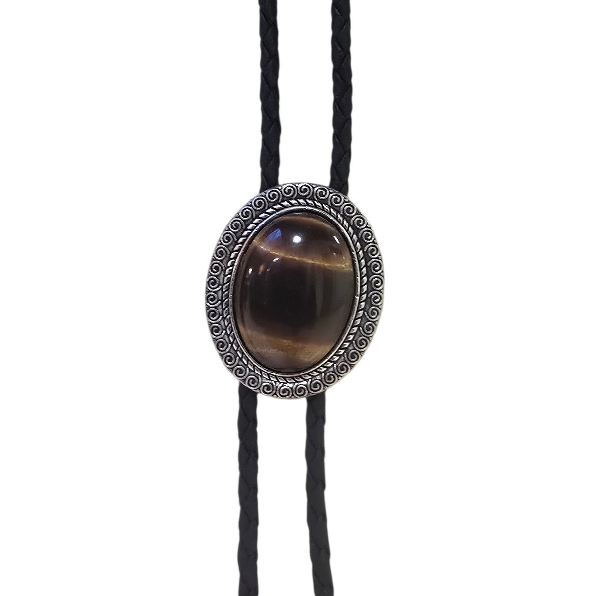 Western Bolo Tie (0099) - Silver Oval w/ Brown Stone
