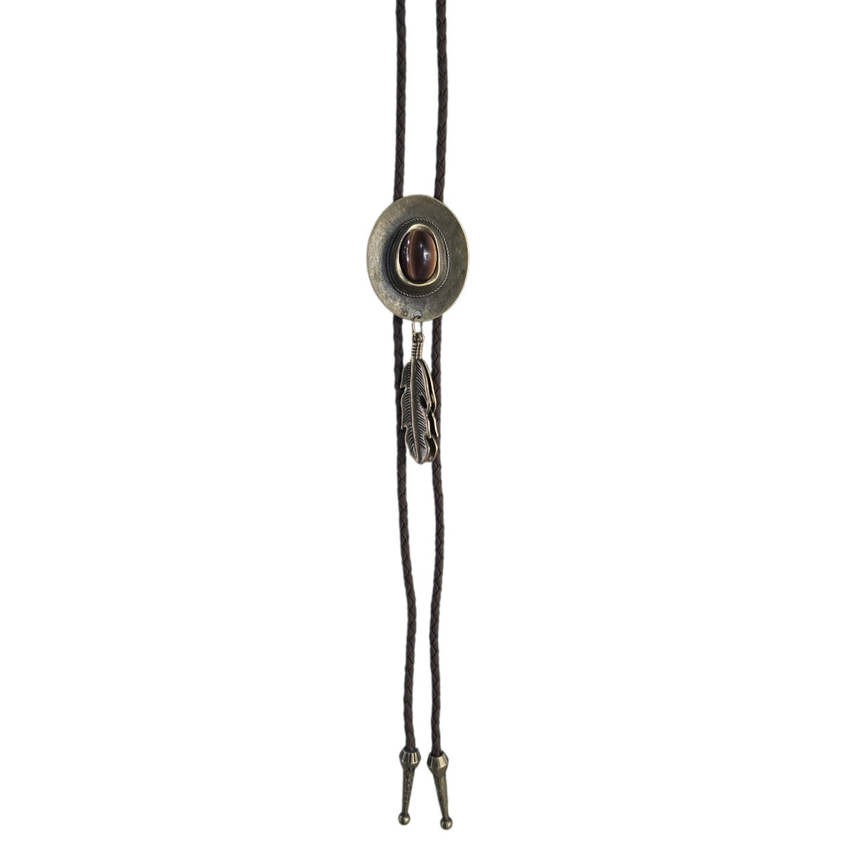 Western Bolo Tie (0097) - Bronze Cowboy Hat w/ Brown Stone (Brown Leather)