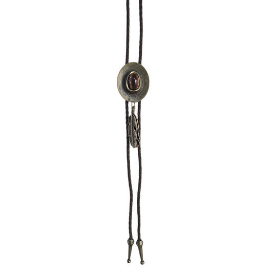 Western Bolo Tie (0097) - Bronze Cowboy Hat w/ Brown Stone (Brown Leather)
