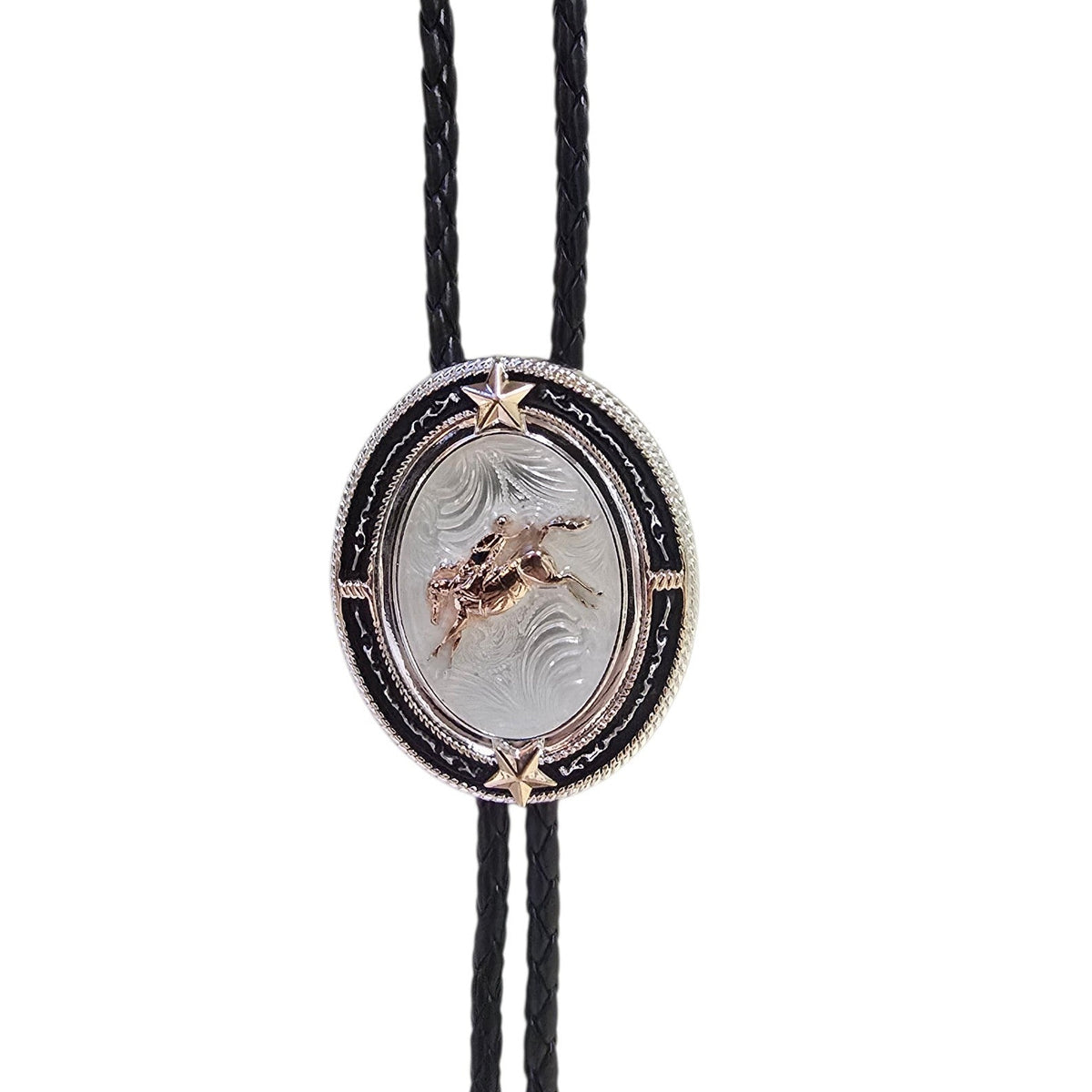 Western Bolo Tie (0102) - Mixed Metal w/ Rodeo Cowboy