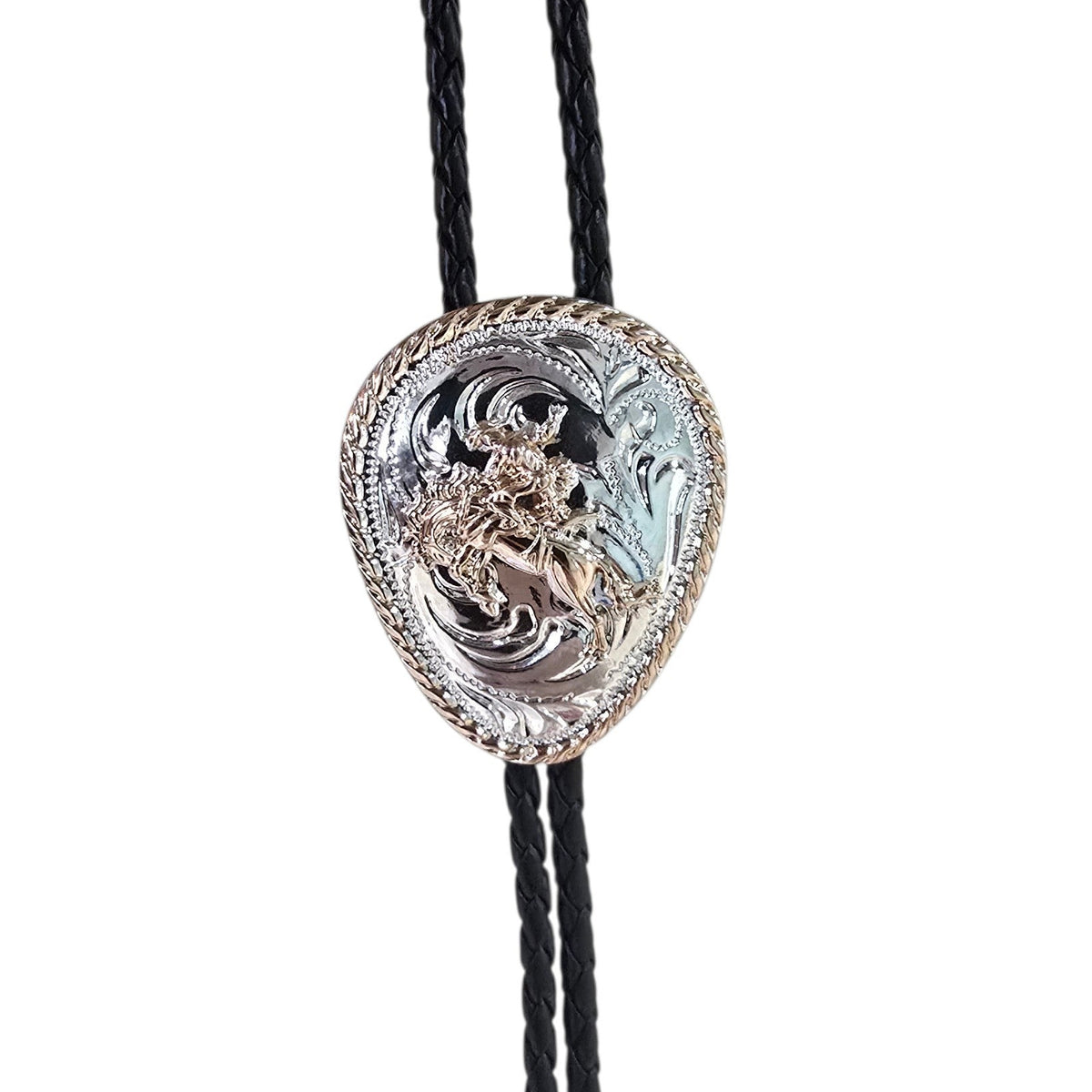 Western Bolo Tie (0103) - Gold & Silver Rodeo Cowboy