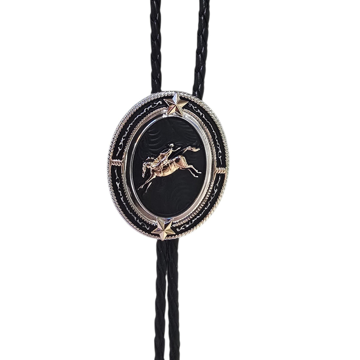 Western Bolo Tie (0104) - Mixed Metal w/ Rodeo Cowboy