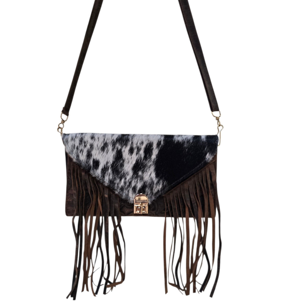 Handmade Leather Bag (0025) - Hand Tooled Brown Leather w/ Genuine Cowhide & Tassels