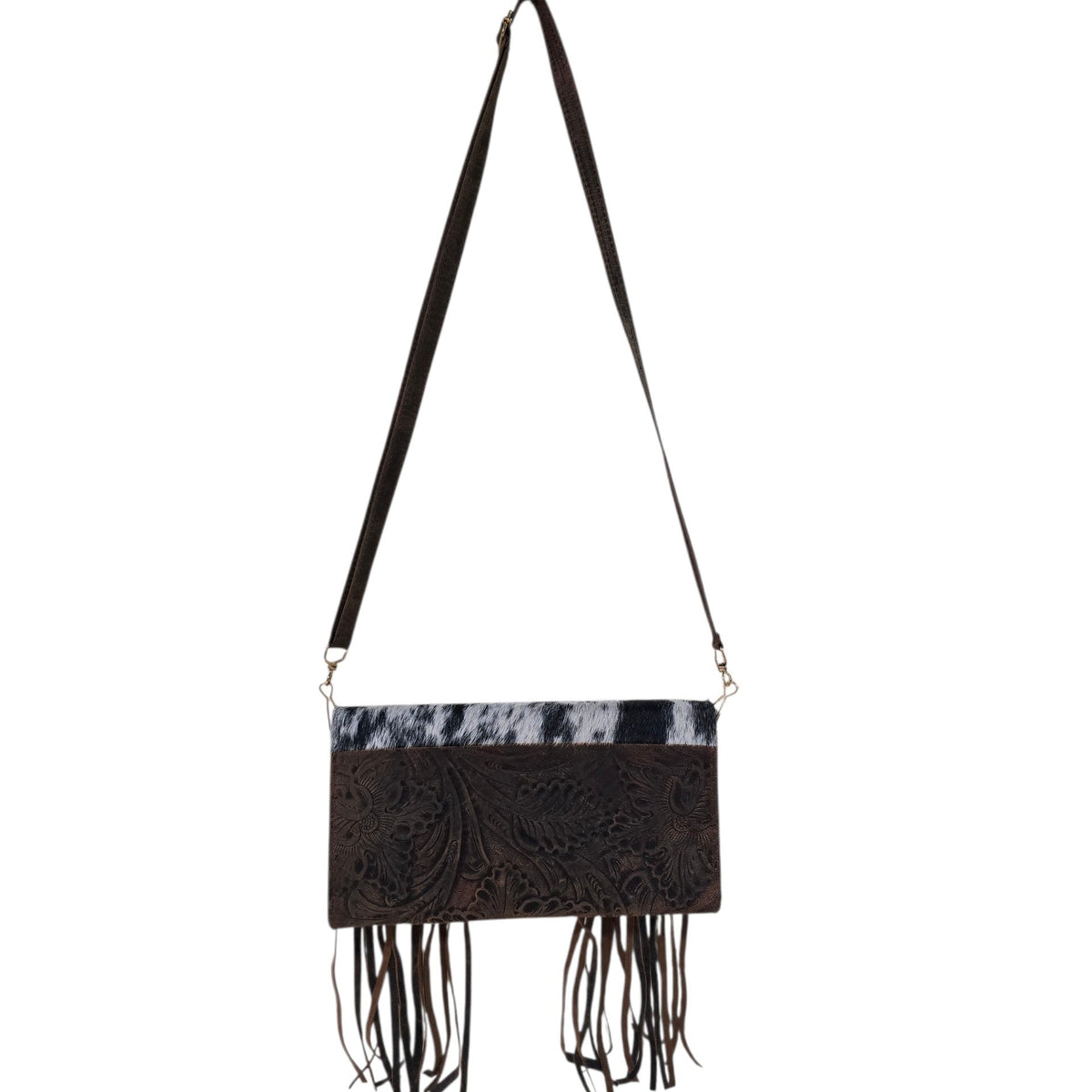 Handmade Leather Bag (0025) - Hand Tooled Brown Leather w/ Genuine Cowhide & Tassels