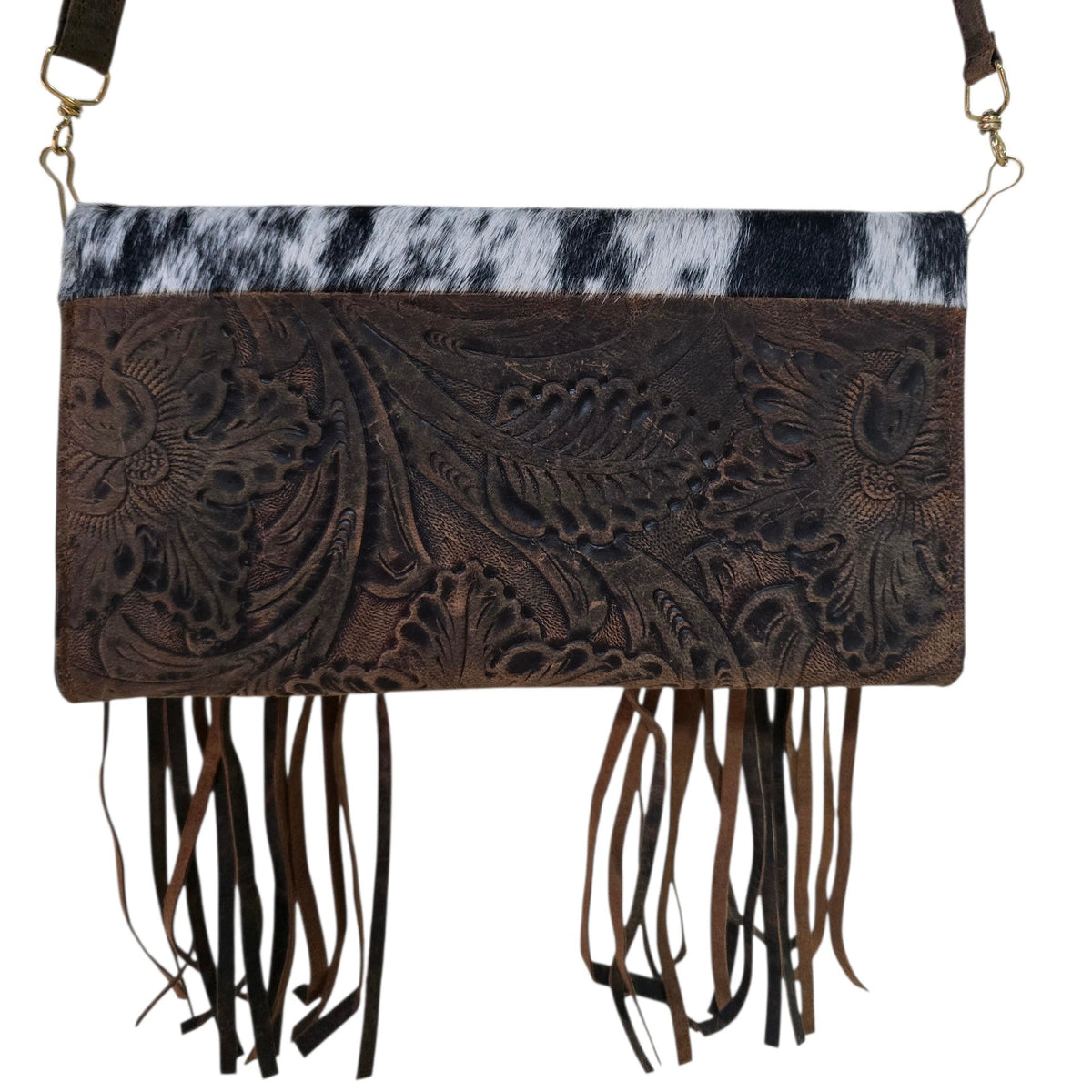 Handmade Leather Bag (0025) - Hand Tooled Brown Leather w/ Genuine Cowhide & Tassels