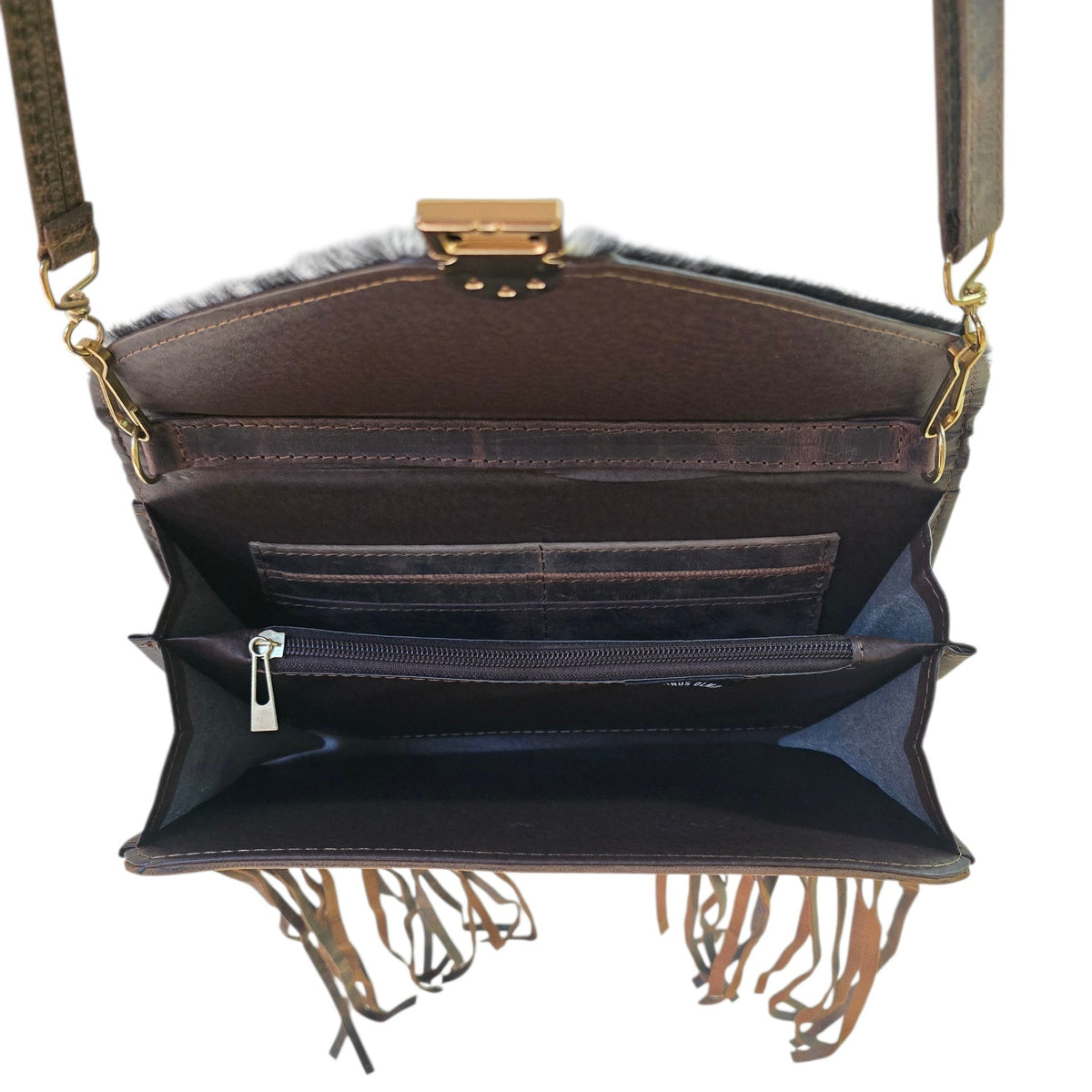 Handmade Leather Bag (0025) - Hand Tooled Brown Leather w/ Genuine Cowhide & Tassels