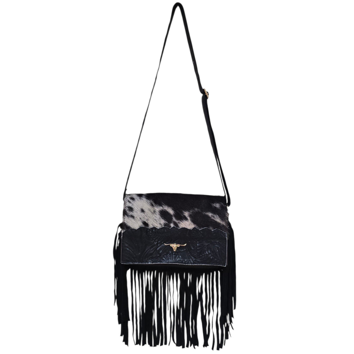 Handmade Leather Bag (0026) - Black Hand Tooled Leather w/ Genuine Cowhide & Tassels