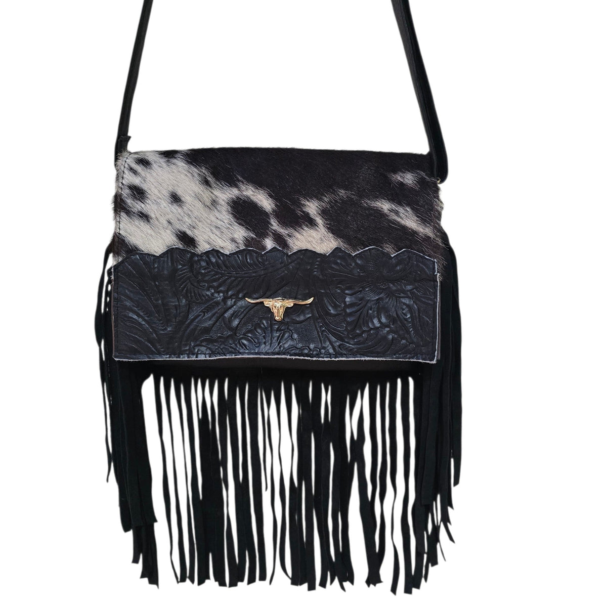 Handmade Leather Bag (0026) - Black Hand Tooled Leather w/ Genuine Cowhide & Tassels