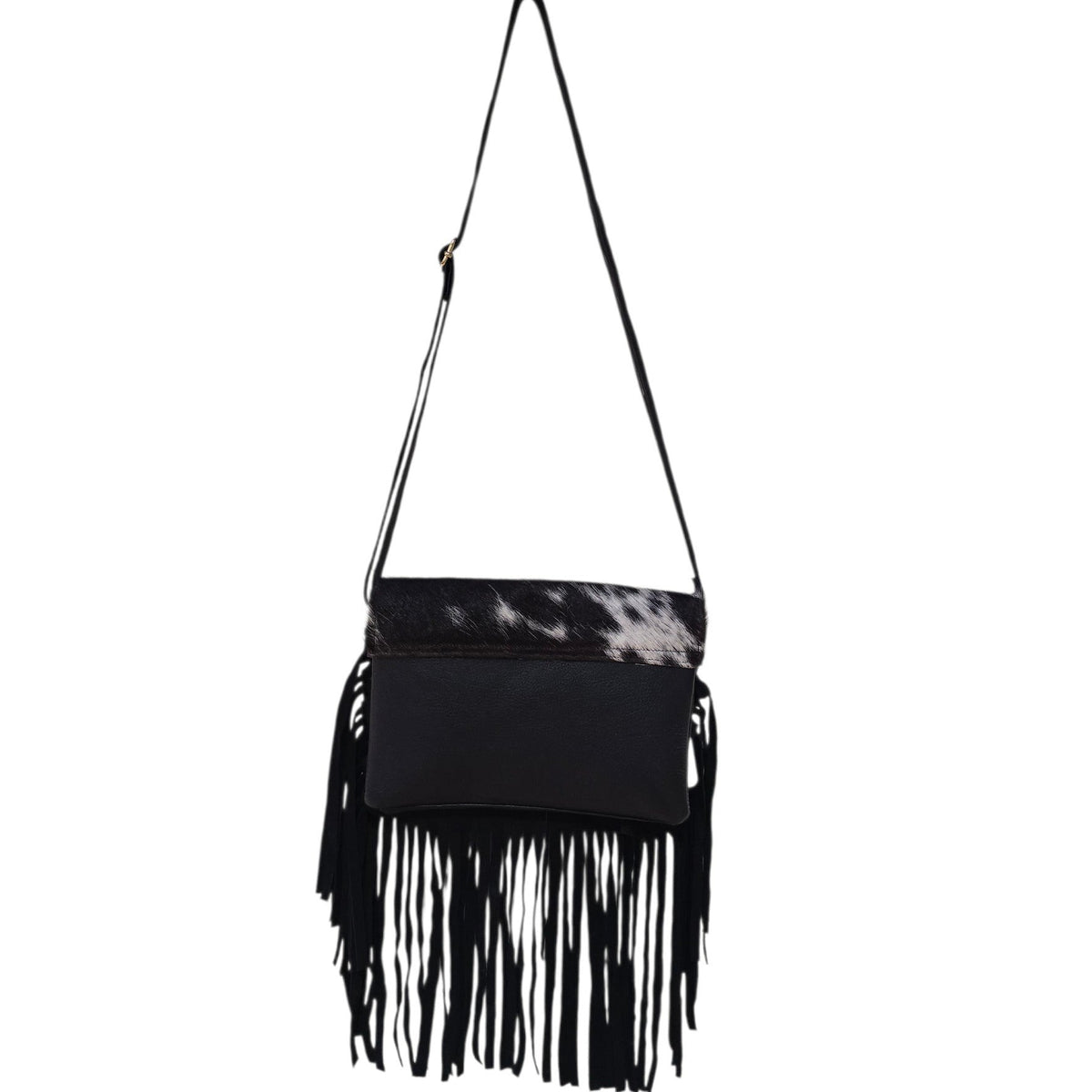 Handmade Leather Bag (0026) - Black Hand Tooled Leather w/ Genuine Cowhide & Tassels