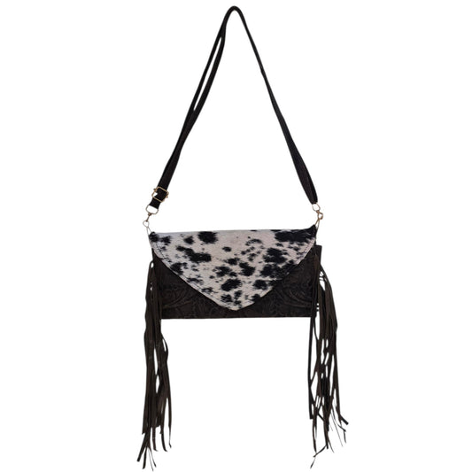 Handmade Leather Bag (0028) - Hand Tooled Brown Leather w/ Genuine Cowhide & Tassels