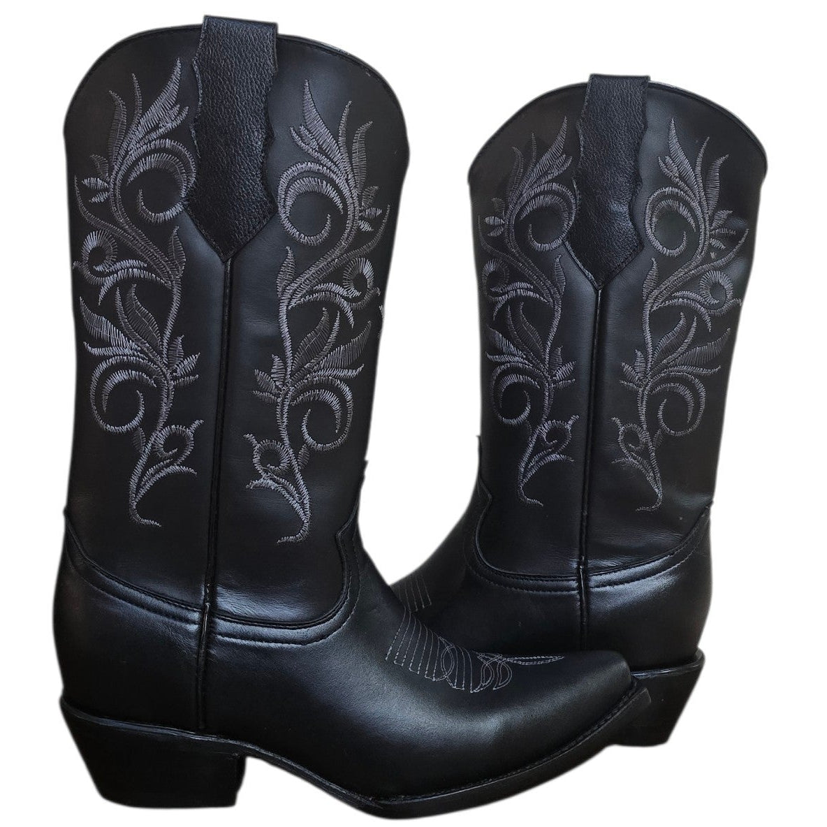 Cowboy Boots (0203) - 13.5" Black Leather w/ Grey Botanical Embroidery