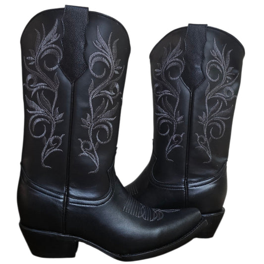 Cowboy Boots (0203) - 13.5" Black Leather w/ Grey Botanical Embroidery