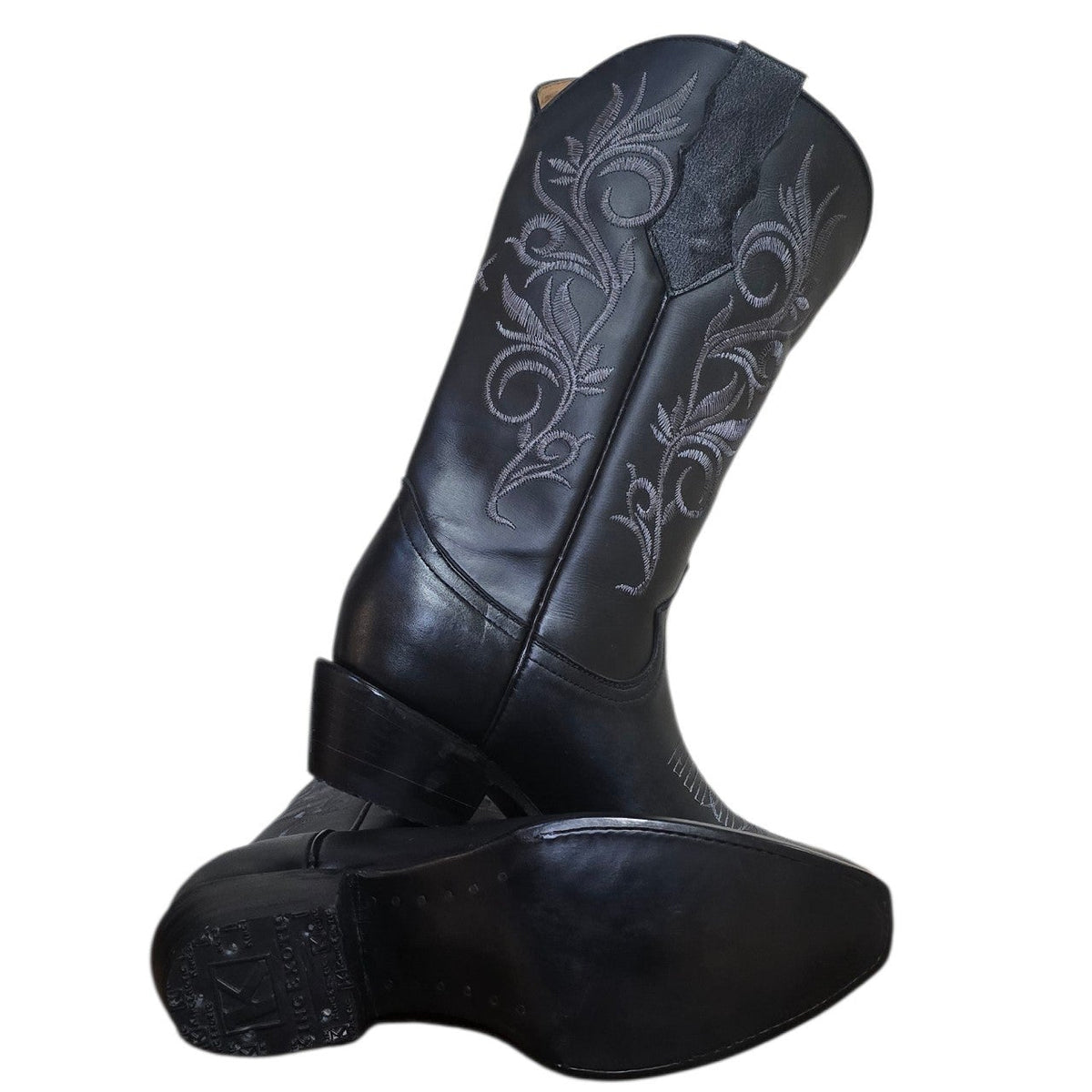 Cowboy Boots (0203) - 13.5" Black Leather w/ Grey Botanical Embroidery