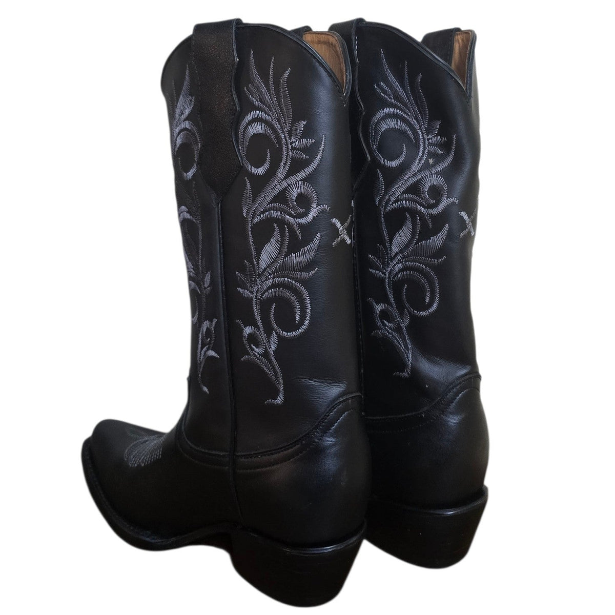 Cowboy Boots (0203) - 13.5" Black Leather w/ Grey Botanical Embroidery