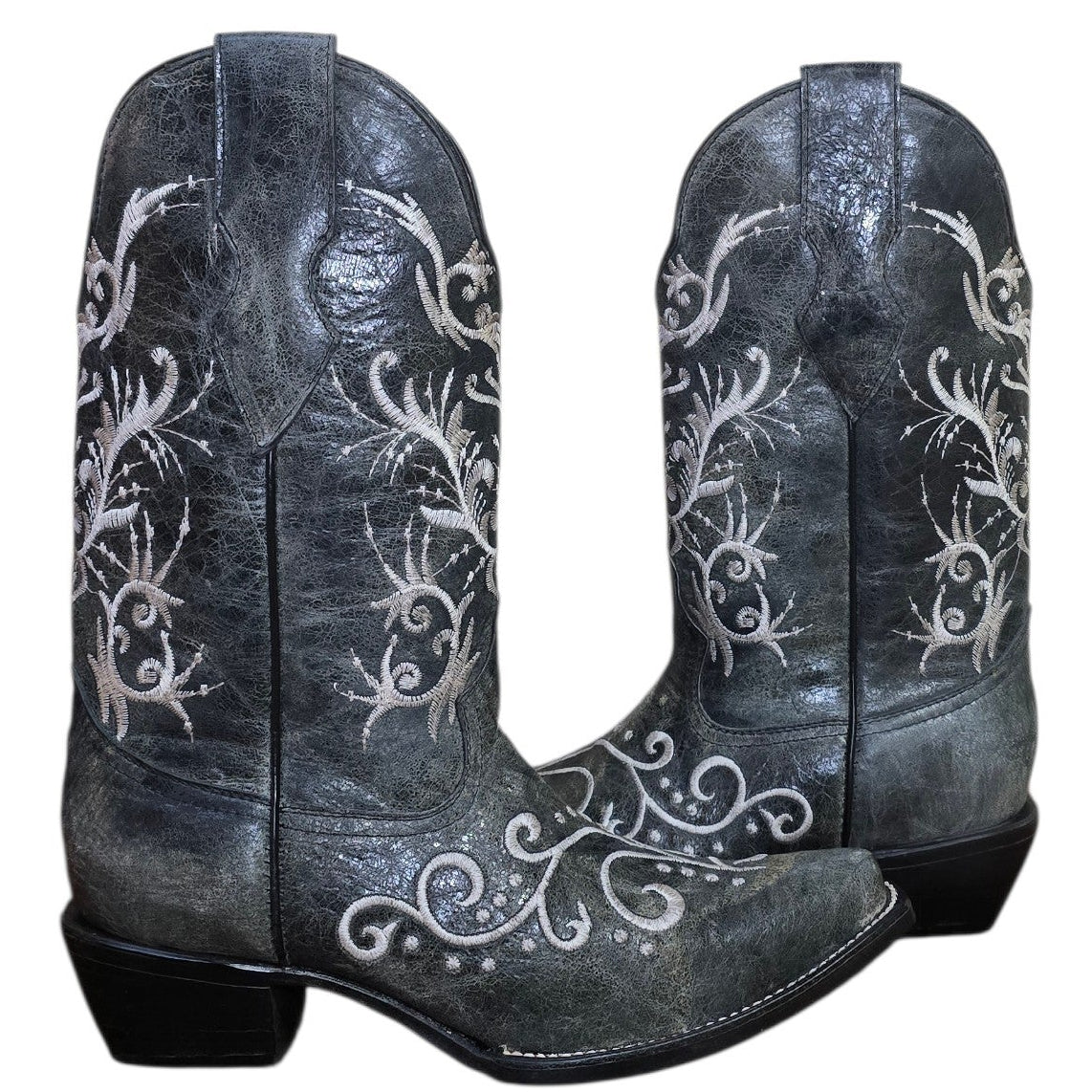Cowboy Boots (0204) - Distressed Grey Leather w/ White Botanical Stitching
