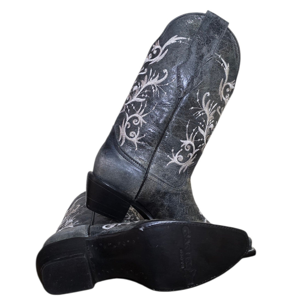 Cowboy Boots (0204) - Distressed Grey Leather w/ White Botanical Stitching