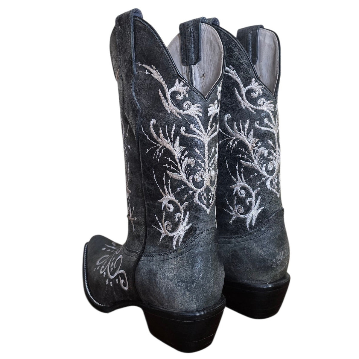 Cowboy Boots (0204) - Distressed Grey Leather w/ White Botanical Stitching
