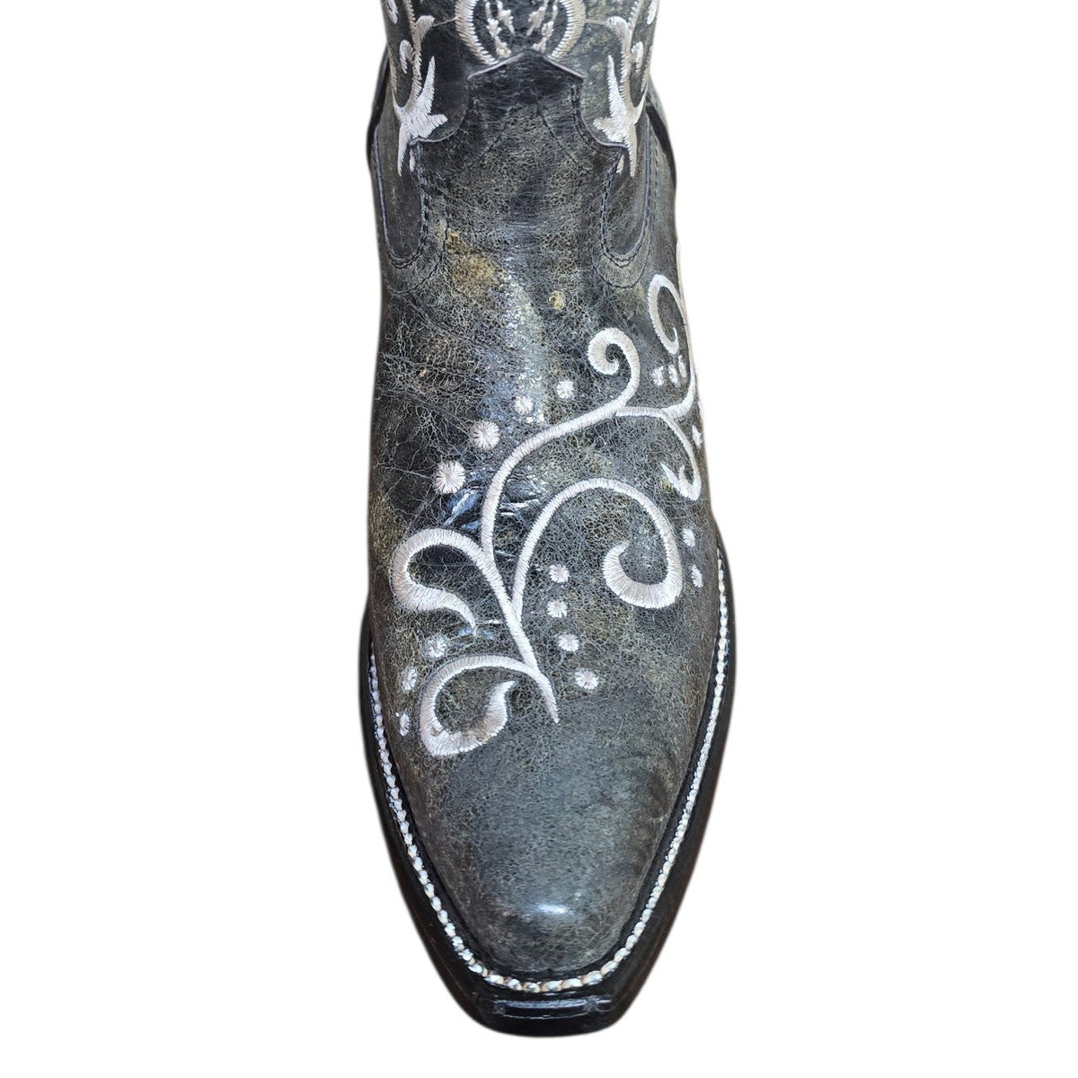 Cowboy Boots (0204) - Distressed Grey Leather w/ White Botanical Stitching