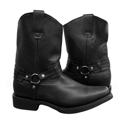 Unisex Boots (0001) - 11" Harness Black Leather Square Toe Boot