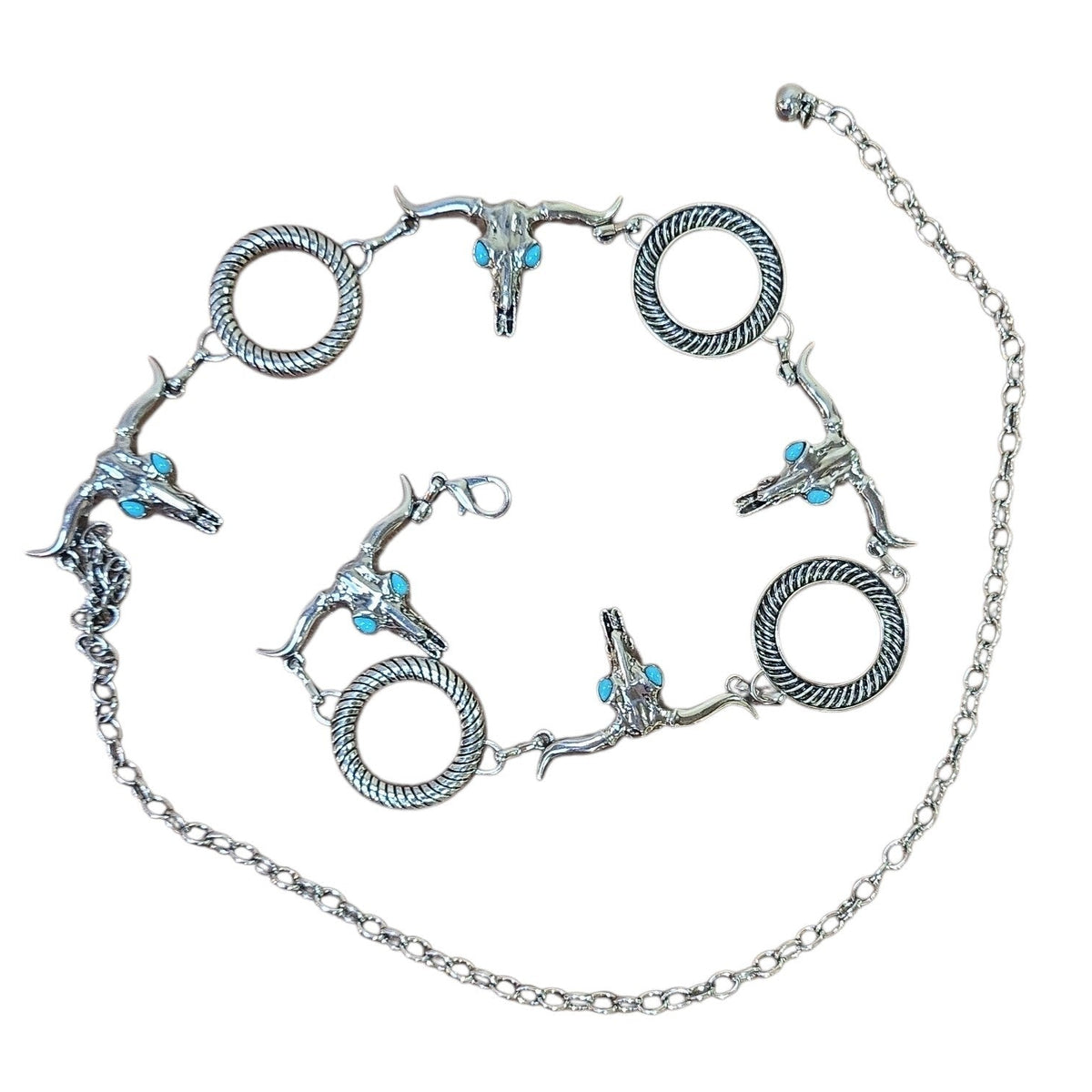 Chain Belt (0003) - Silver Circles & Longhorn w/ Faux Turquoise Stones