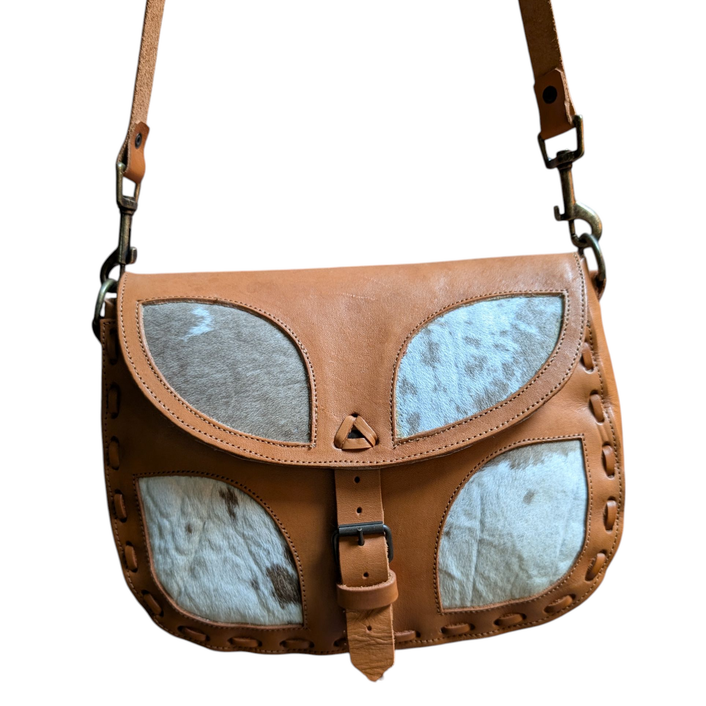 Handmade Leather Bag (0014) - Brown Leather w/ Cowhide