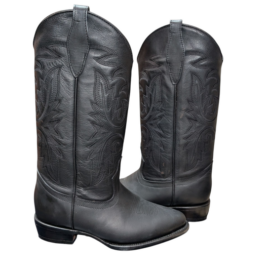 Unisex Cowboy Boots (0058) - Black Leather w/ Round Toe