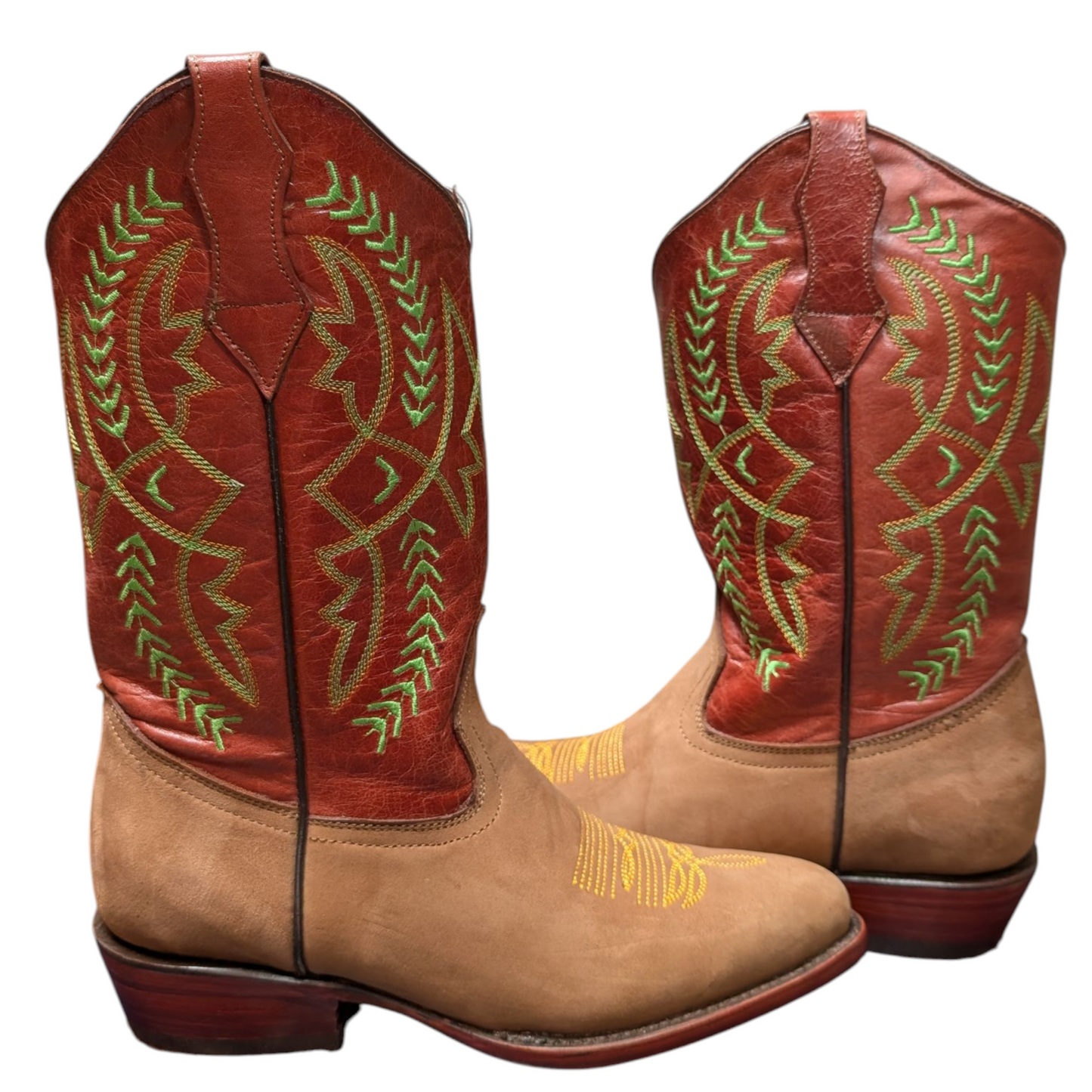 Unisex Cowboy Boots (0063) - Red & Brown Leather w/ Green Western Stitching & Round Toe