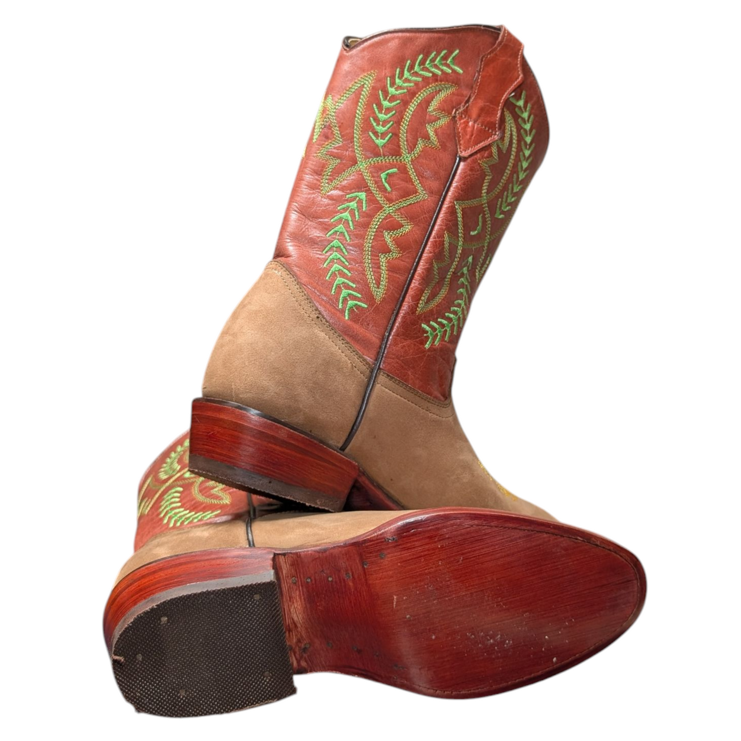 Unisex Cowboy Boots (0063) - Red & Brown Leather w/ Green Western Stitching & Round Toe