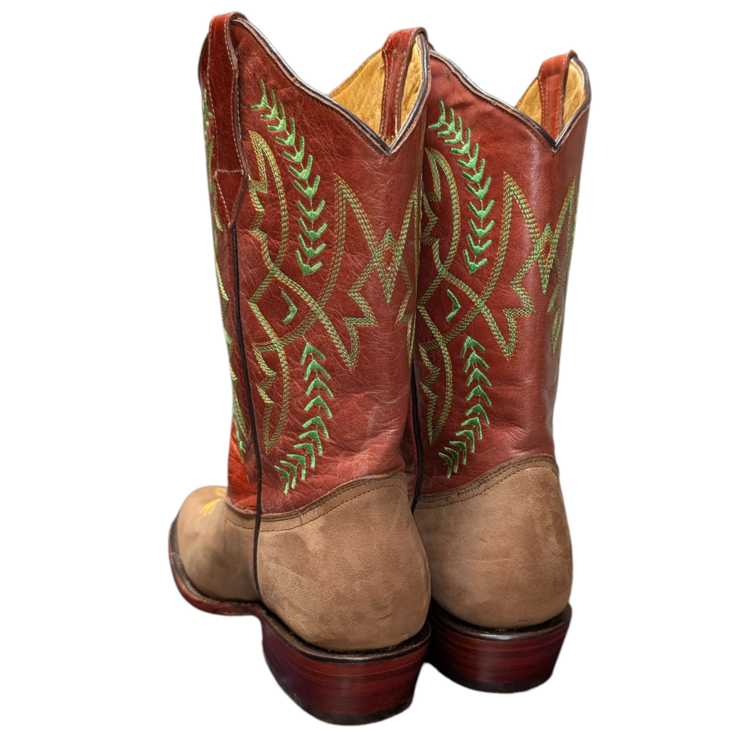 Unisex Cowboy Boots (0063) - Red & Brown Leather w/ Green Western Stitching & Round Toe