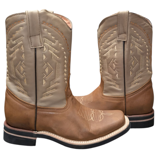 Men's Cowboy Boots (0047) - 12" Square Toe Brown and Taupe Leather Western Stitching