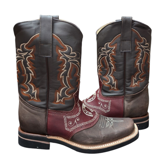 Men's Cowboy Boots (0049) - Square Toe Layered Brown & Burgundy Leather Horse-Shoe Design