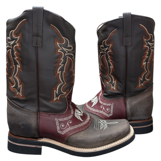 Men's Cowboy Boots (0051) - Square Toe Layered Brown & Burgundy Leather Two-Horse Design